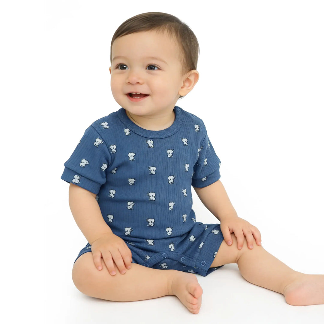 Babies Basic Printed  Ribbed Cotton Short Sleeves Romper