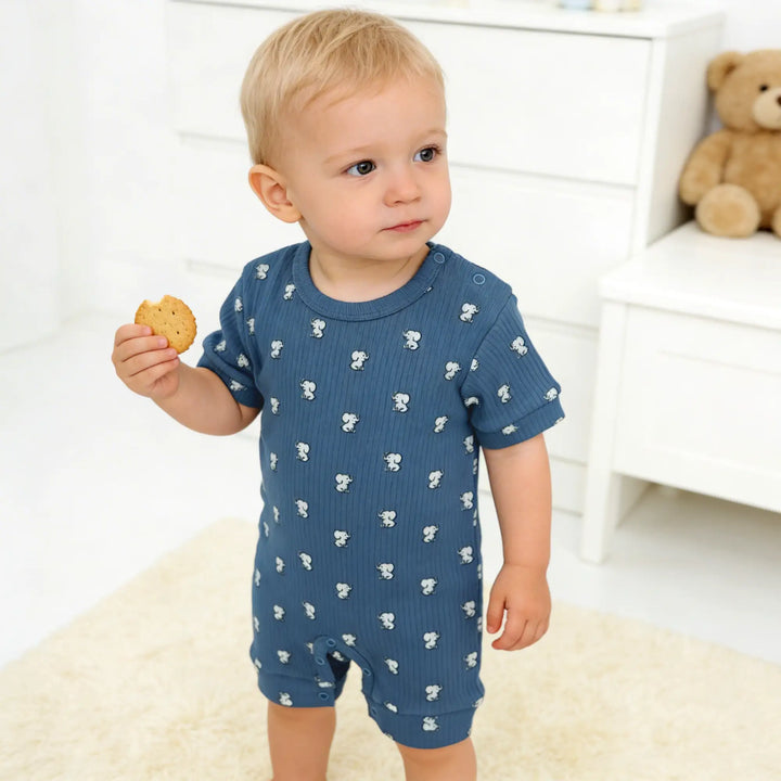 Babies Basic Printed  Ribbed Cotton Short Sleeves Romper