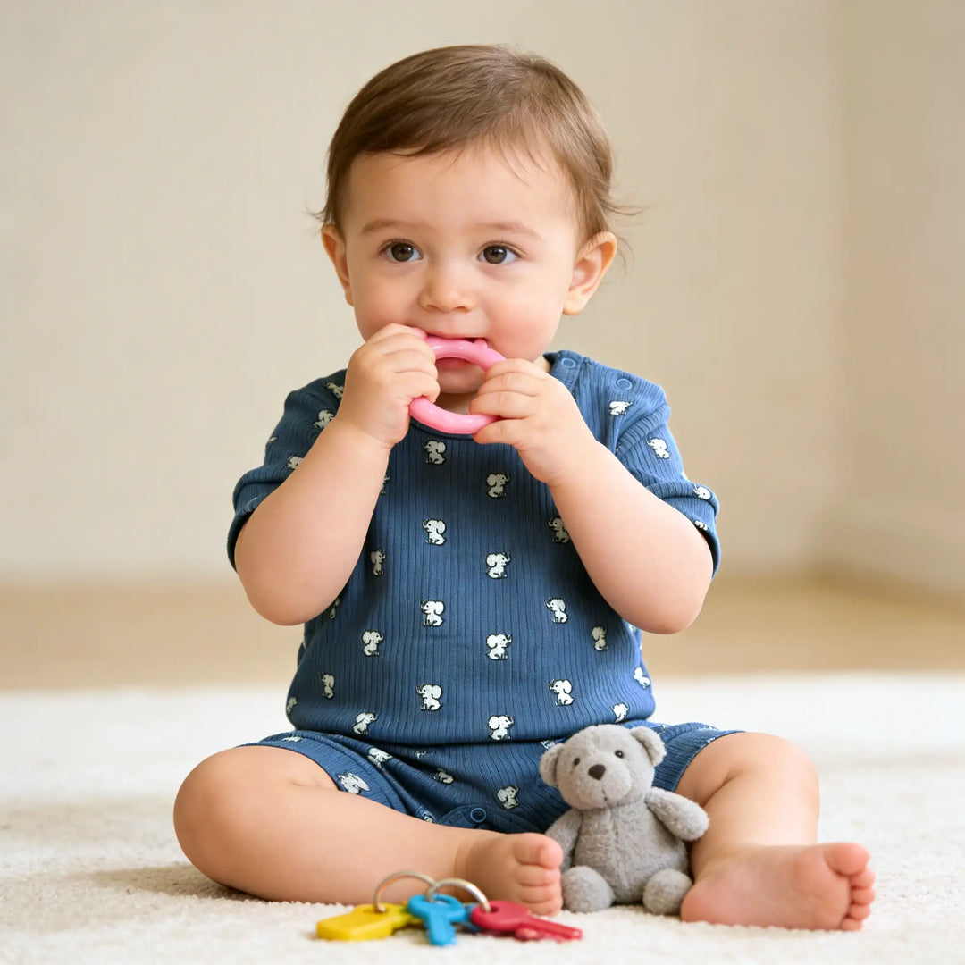 Babies Basic Printed  Ribbed Cotton Short Sleeves Romper