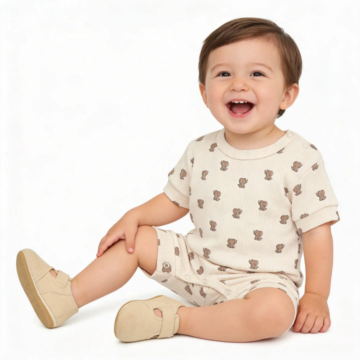 Babies Basic Printed  Ribbed Cotton Short Sleeves Romper