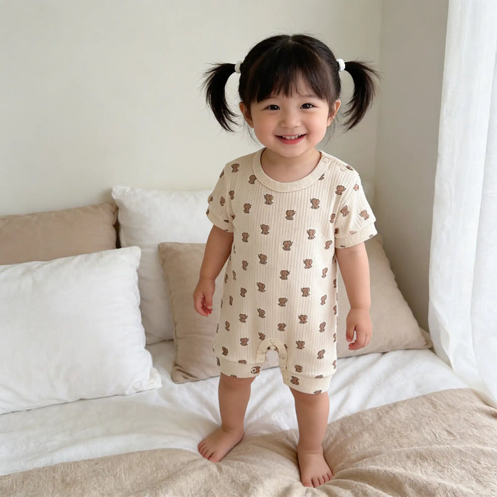 Babies Basic Printed  Ribbed Cotton Short Sleeves Romper