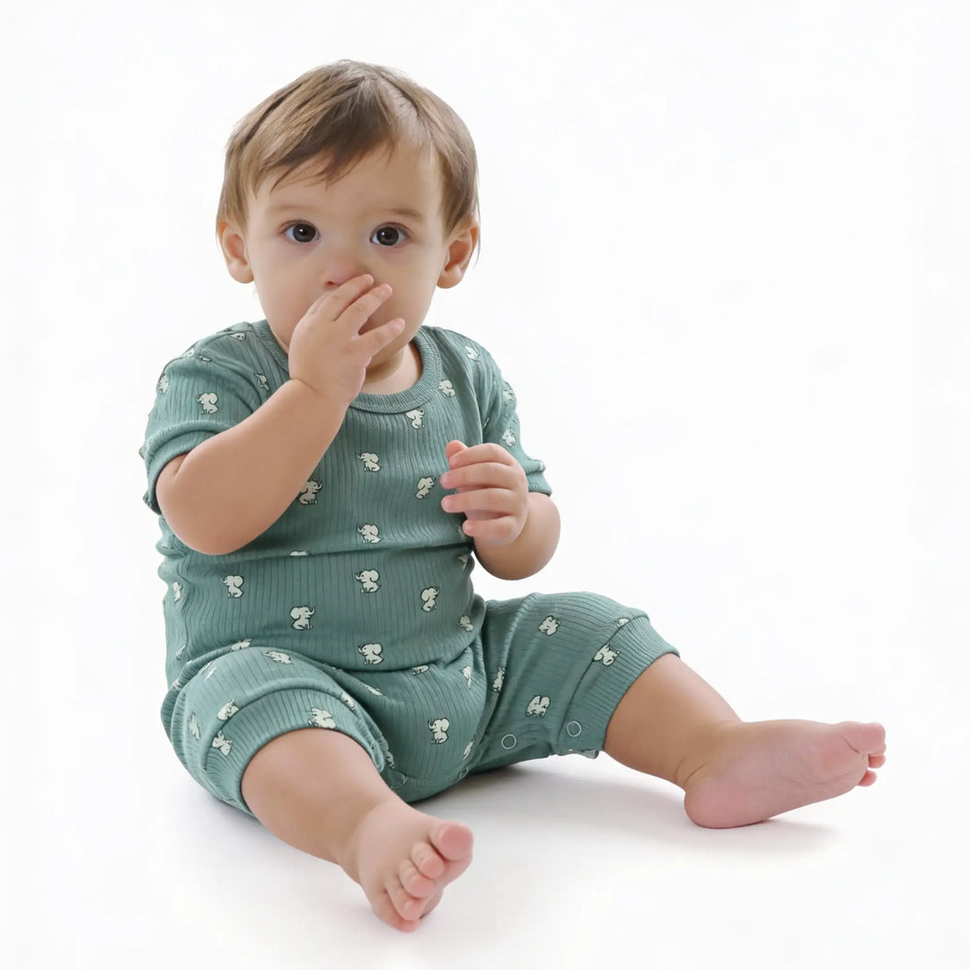 Babies Basic Printed  Ribbed Cotton Short Sleeves Romper
