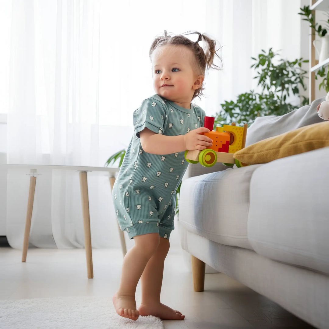 Babies Basic Printed  Ribbed Cotton Short Sleeves Romper