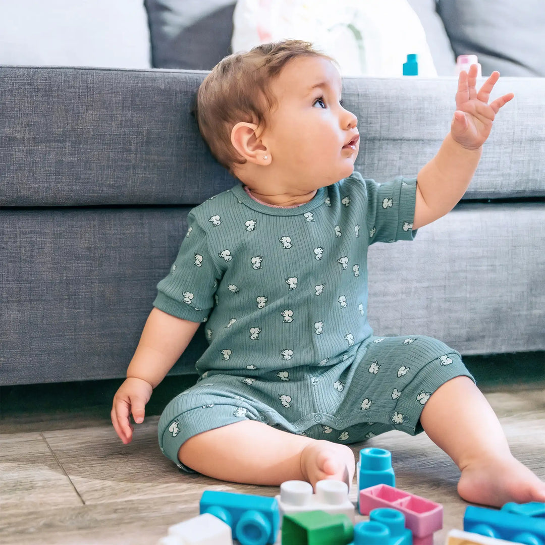 Babies Basic Printed  Ribbed Cotton Short Sleeves Romper