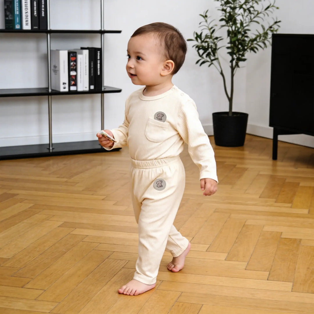 Babies Basic Ribbed Cotton Long Sleeves Top and Bottom - Set of 3