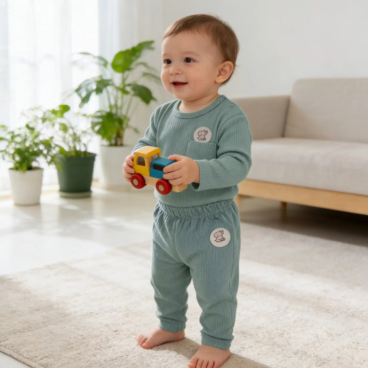 Babies Basic Ribbed Cotton Long Sleeves Top and Bottom