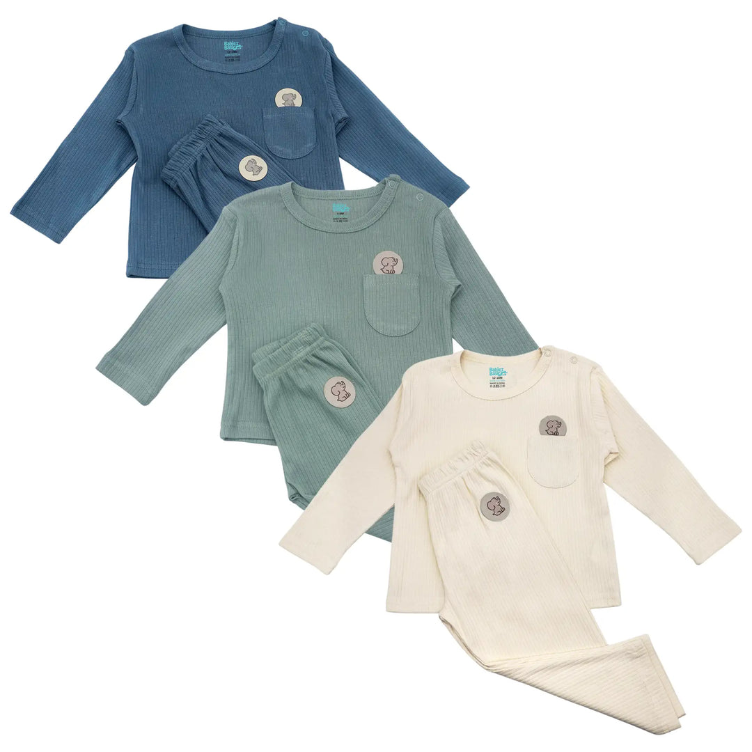 Babies Basic Ribbed Cotton Long Sleeves Top and Bottom - Set of 3