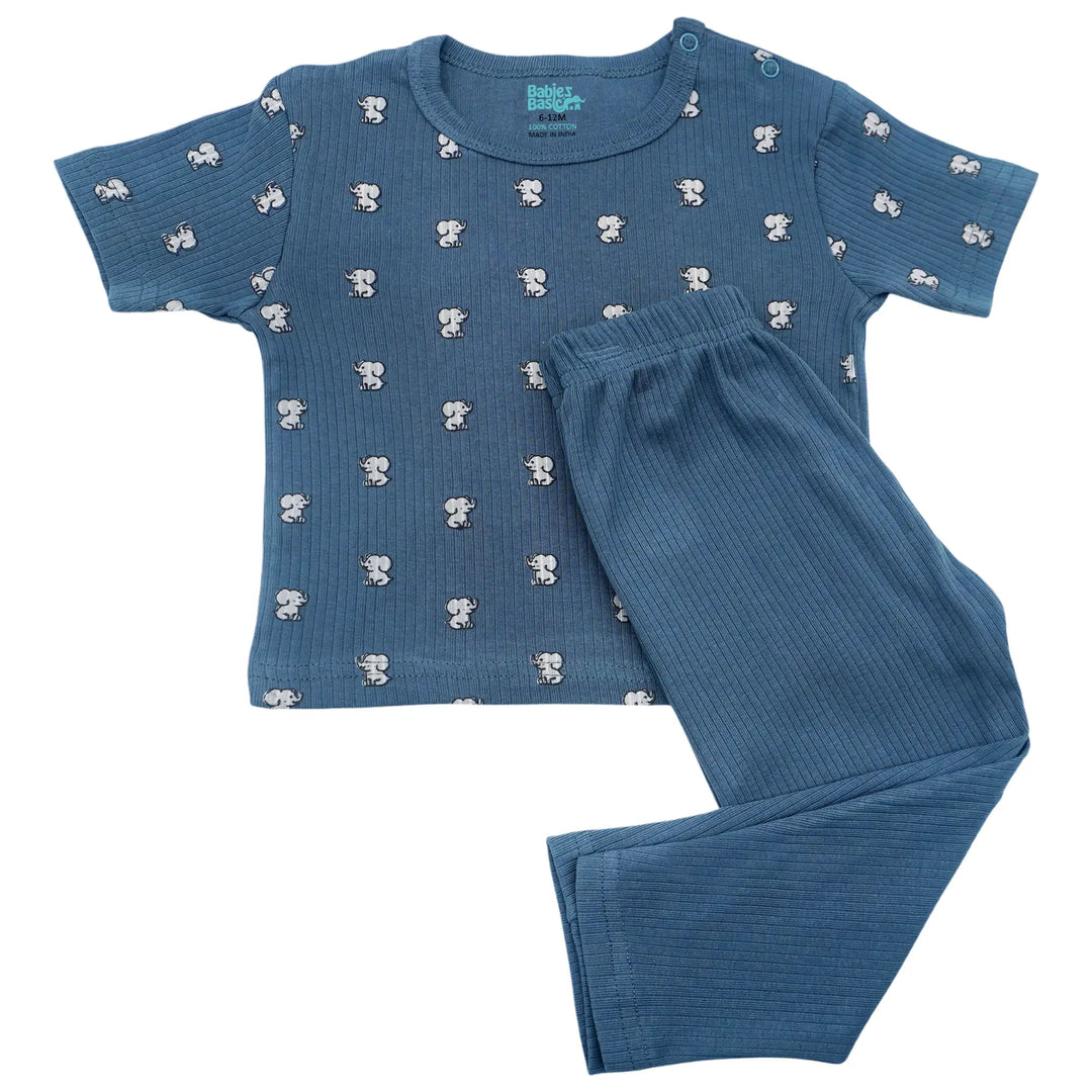 Babies Basic Ribbed Cotton Printed Short Sleeves T-shirt and Pyjama Set