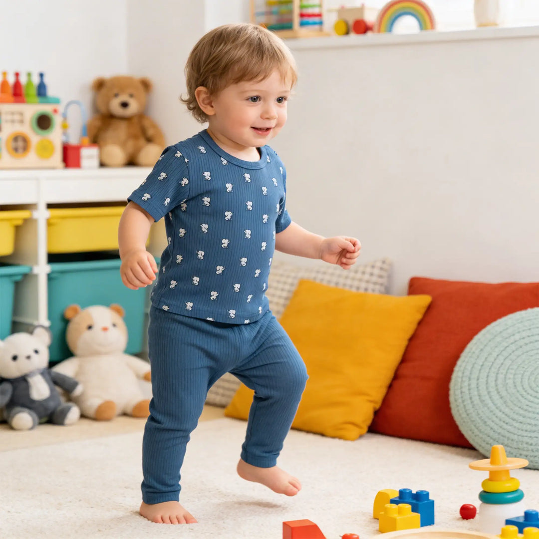 Babies Basic Ribbed Cotton Printed Short Sleeves T-shirt and Pyjama Set