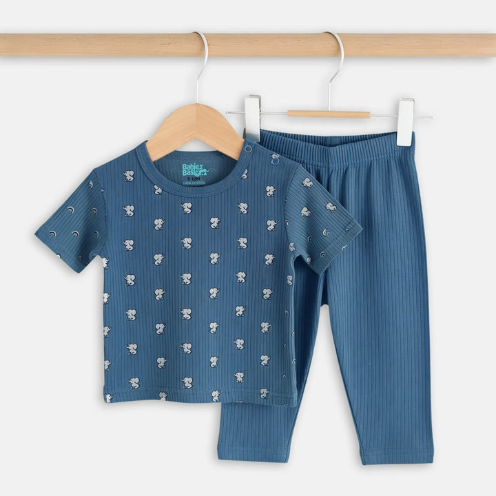 Babies Basic Ribbed Cotton Printed Short Sleeves T-shirt and Pyjama Set