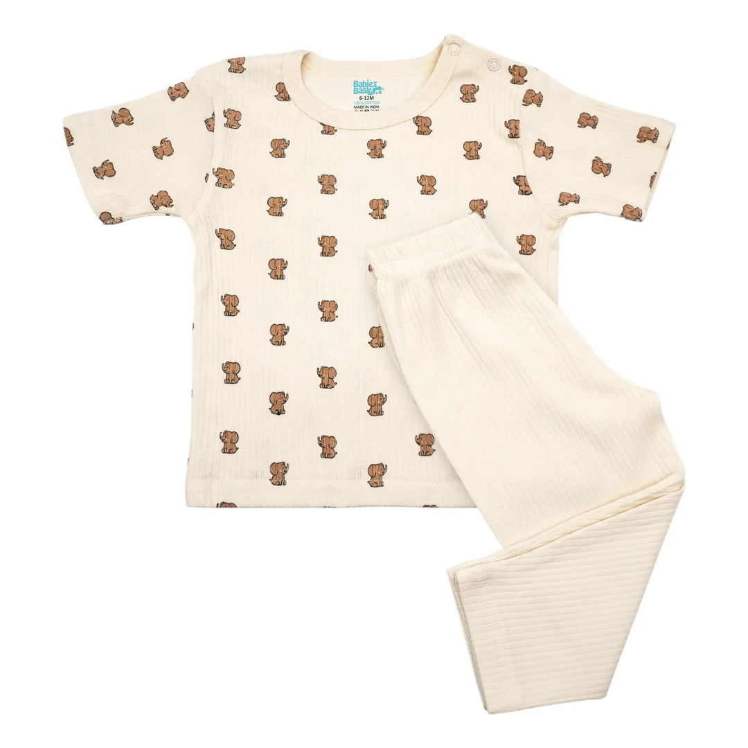 Babies Basic Ribbed Cotton Printed Short Sleeves T-shirt and Pyjama Set
