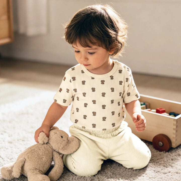 Babies Basic Ribbed Cotton Printed Short Sleeves T-shirt and Pyjama Set