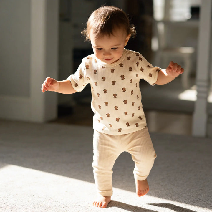 Babies Basic Ribbed Cotton Printed Short Sleeves T-shirt and Pyjama Set