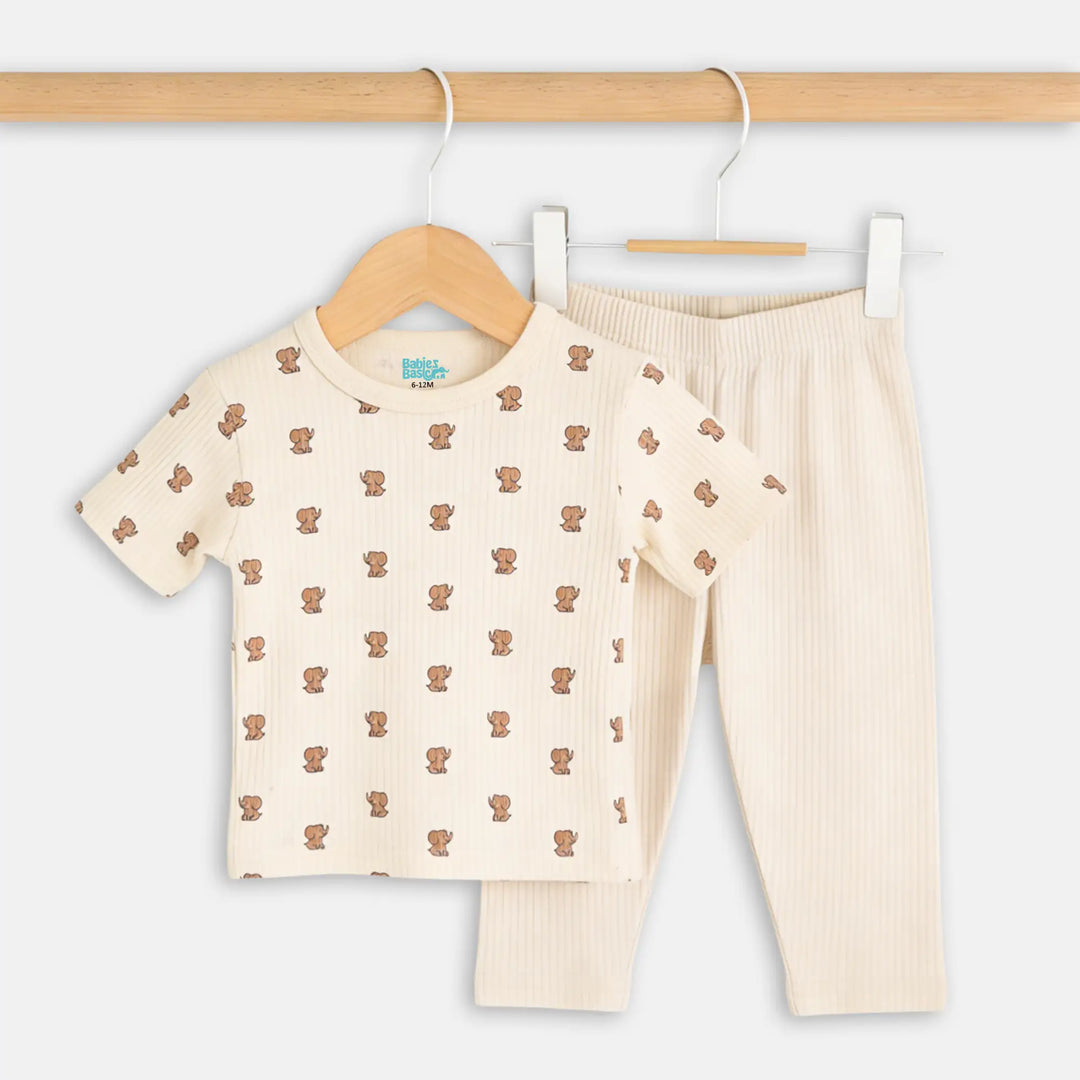 Babies Basic Ribbed Cotton Printed Short Sleeves T-shirt and Pyjama Set