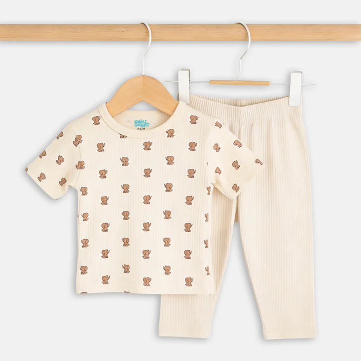 Babies Basic Ribbed Cotton Printed Short Sleeves T-shirt and Pyjama Set