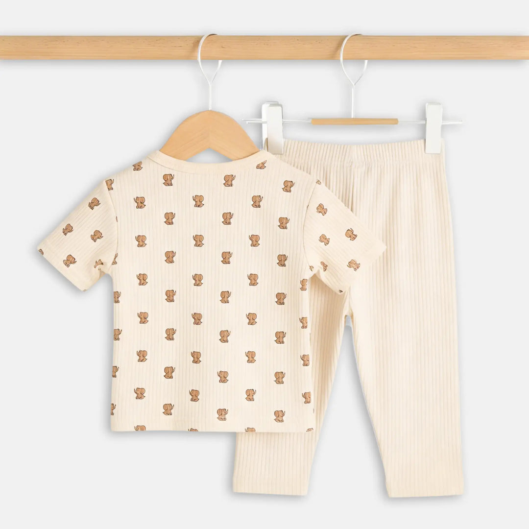 Babies Basic Ribbed Cotton Printed Short Sleeves T-shirt and Pyjama Set