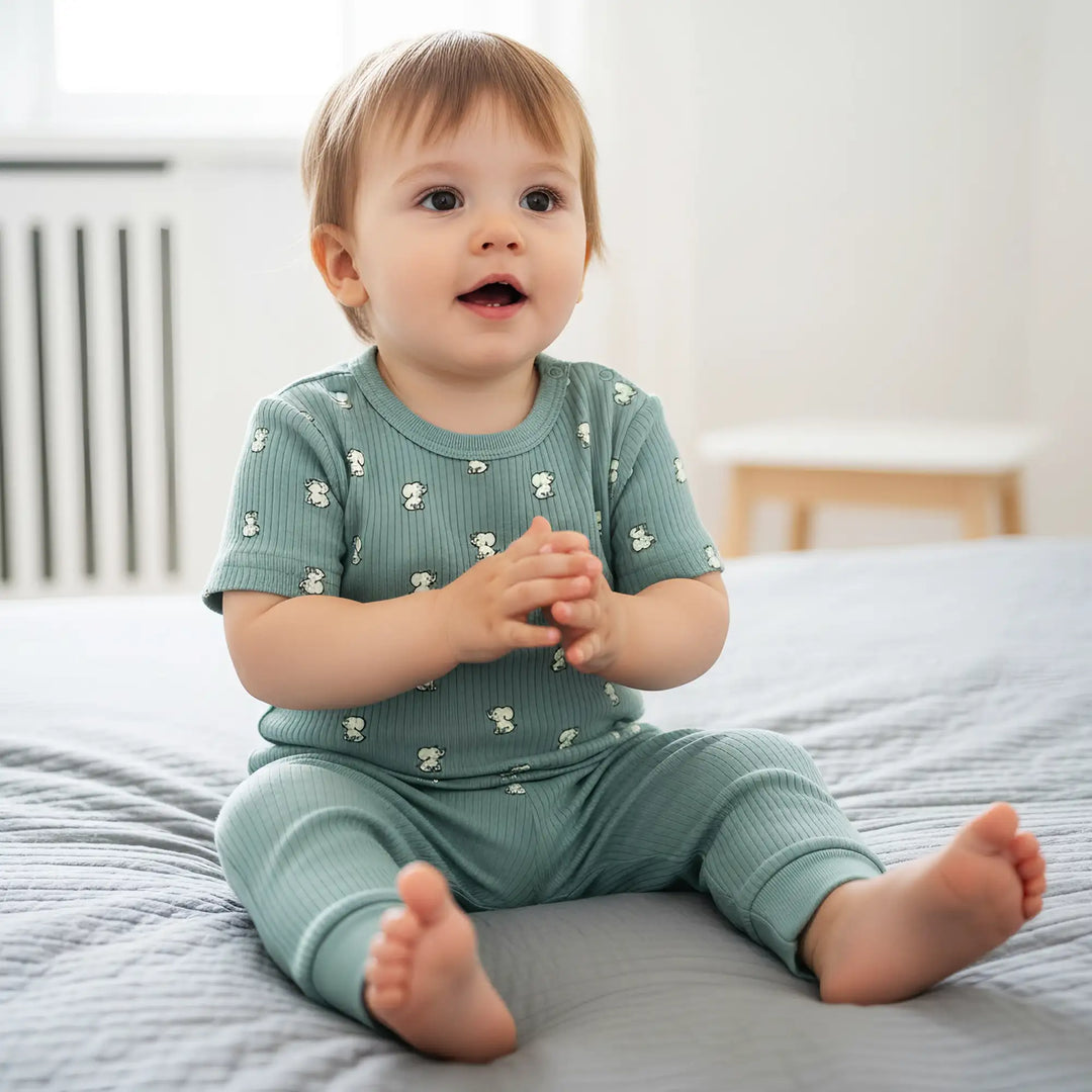Babies Basic Ribbed Cotton Printed Short Sleeves T-shirt and Pyjama Set
