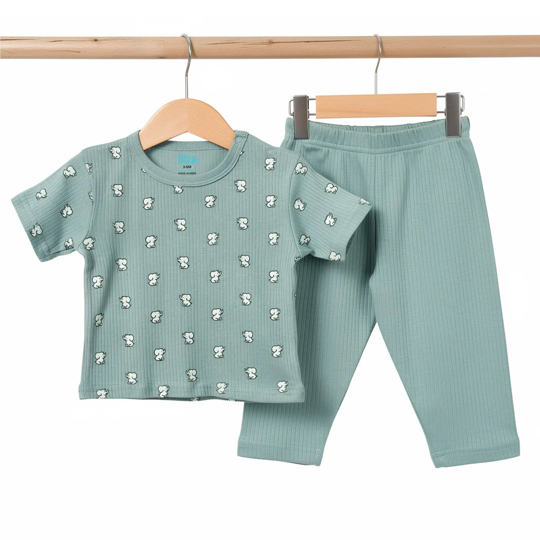Babies Basic Ribbed Cotton Printed Short Sleeves T-shirt and Pyjama Set
