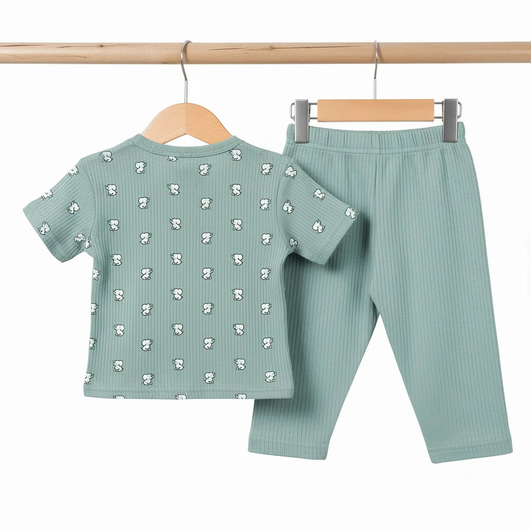 Babies Basic Ribbed Cotton Printed Short Sleeves T-shirt and Pyjama Set