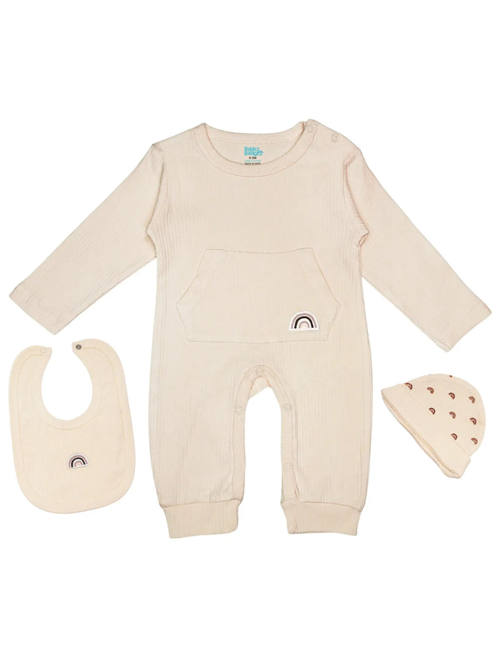 Babies Basic Ribbed Cotton Set with Sleepsuit/Romper, Cap and Bib