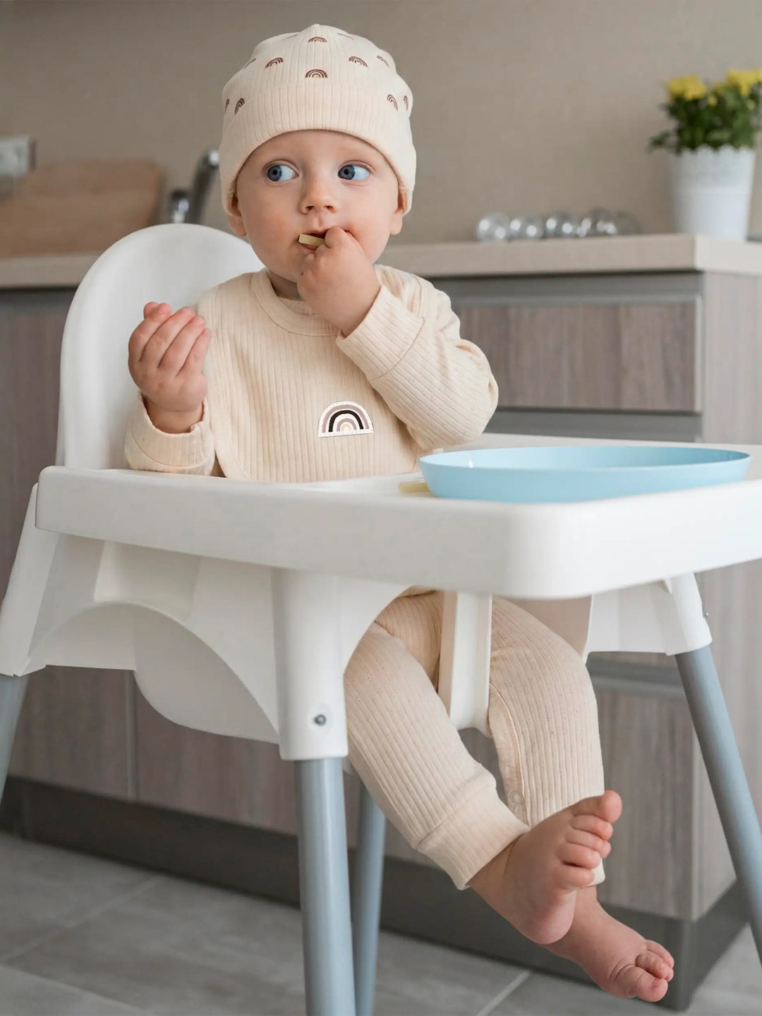 Babies Basic Ribbed Cotton Set with Sleepsuit/Romper, Cap and Bib