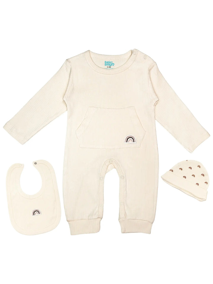 Babies Basic Ribbed Cotton Set with Sleepsuit/Romper, Cap and Bib