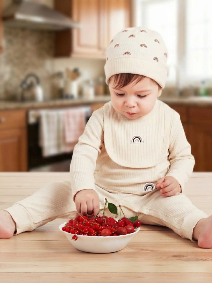 Babies Basic Ribbed Cotton Set with Sleepsuit/Romper, Cap and Bib
