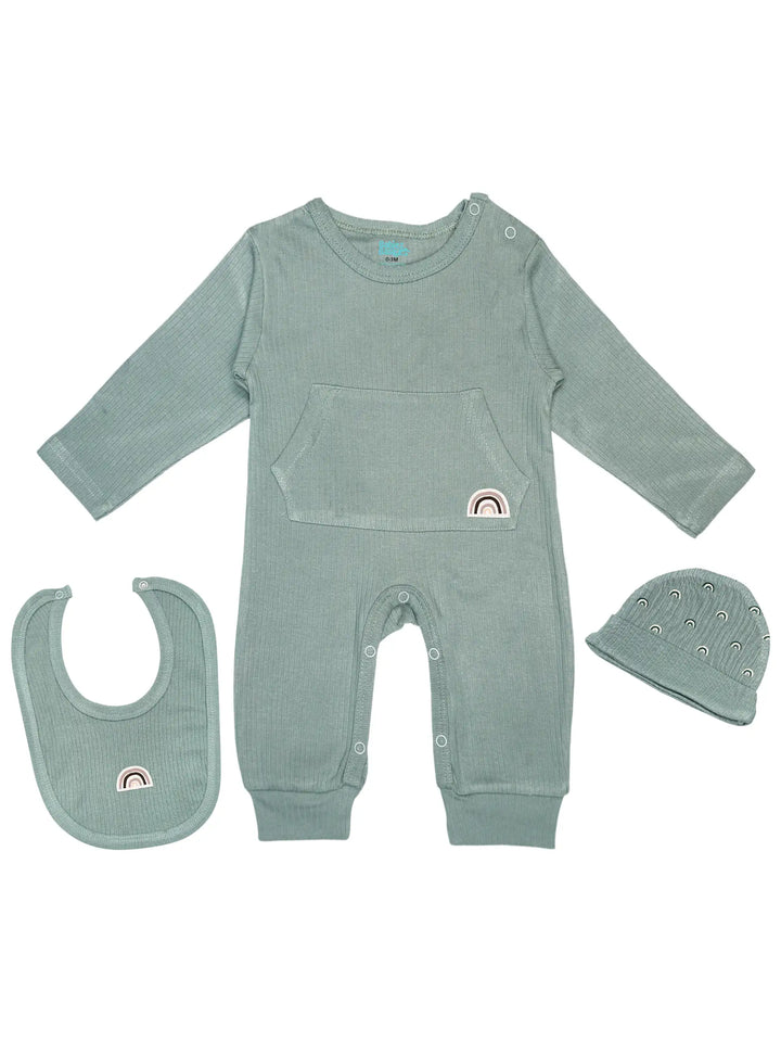 Babies Basic Ribbed Cotton Set with Sleepsuit/Romper, Cap and Bib