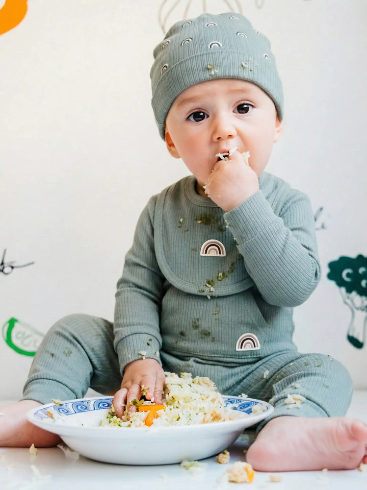Babies Basic Ribbed Cotton Set with Sleepsuit/Romper, Cap and Bib
