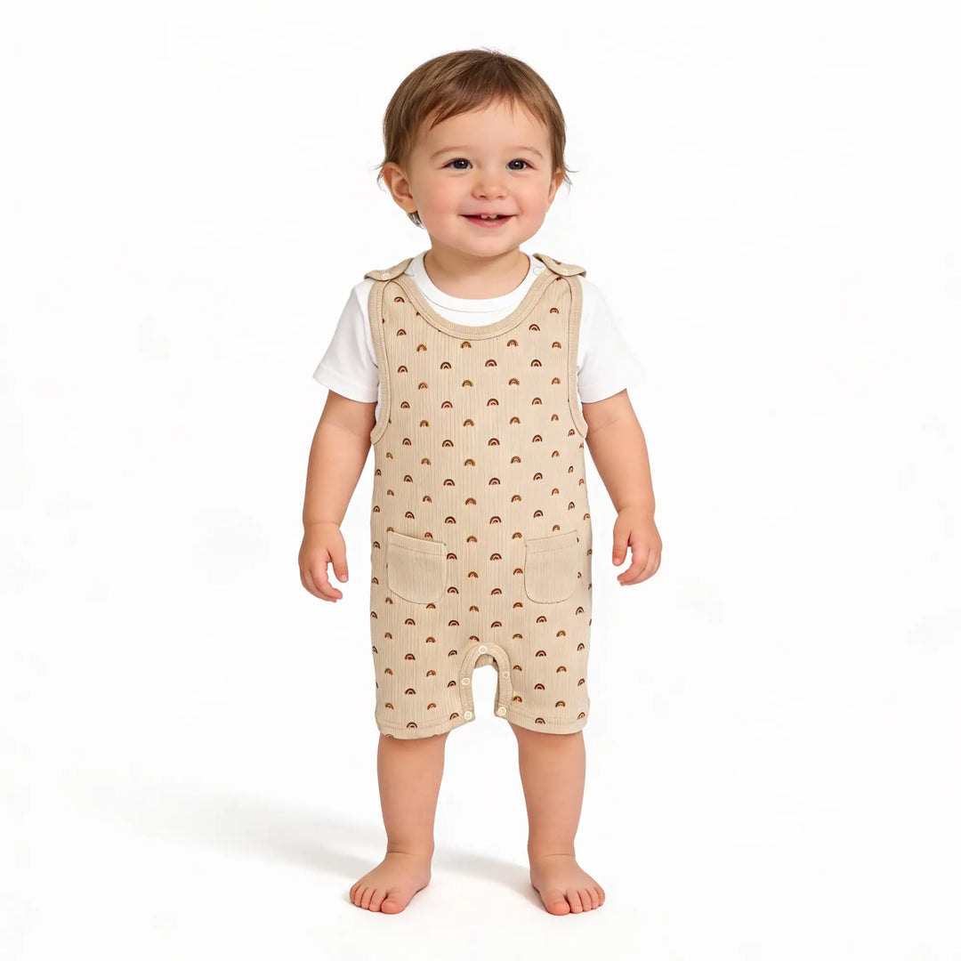 Babies Basic Ribbed Cotton Dungaree with Short Sleeves T-shirt