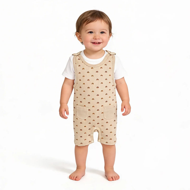 Babies Basic Ribbed Cotton Dungaree with Short Sleeves T-shirt