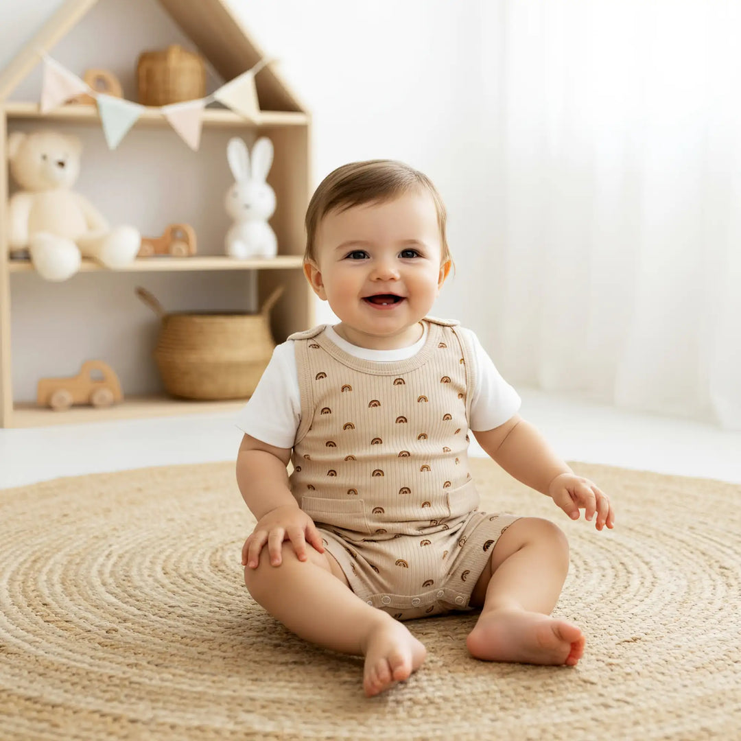 Babies Basic Ribbed Cotton Dungaree with Short Sleeves T-shirt