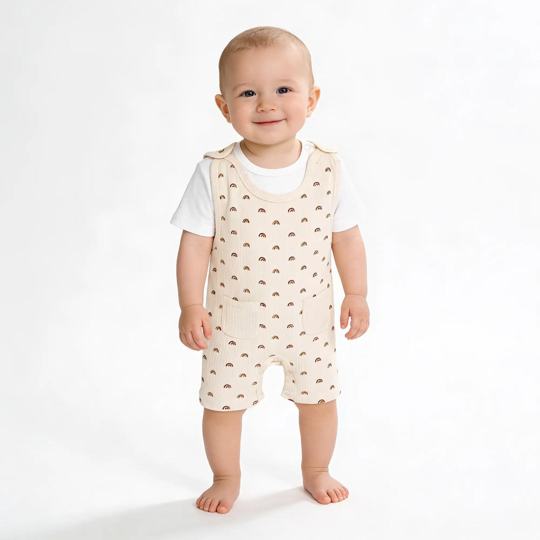 Babies Basic Ribbed Cotton Dungaree with Short Sleeves T-shirt