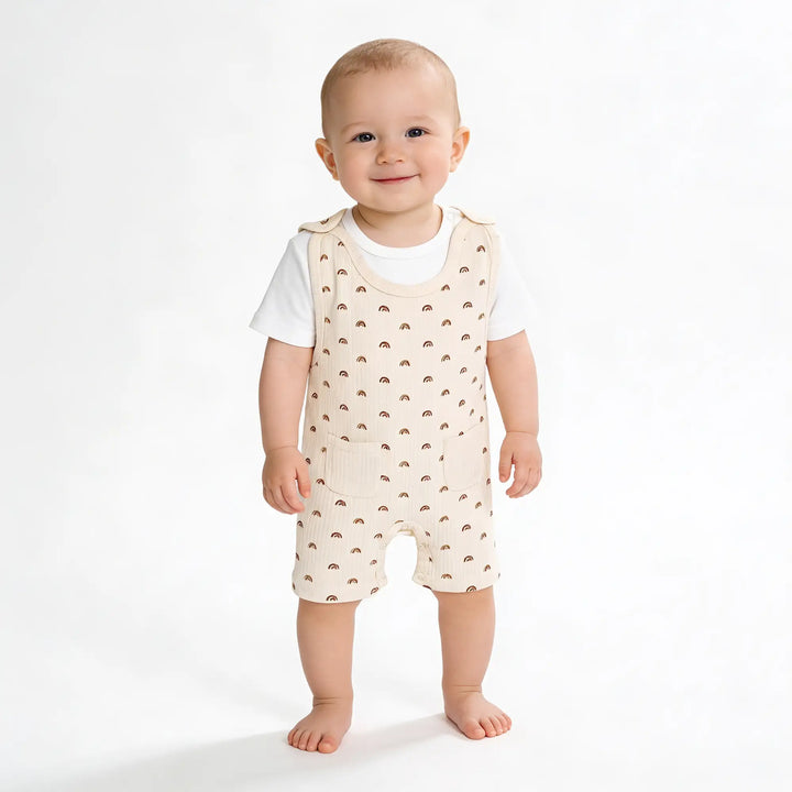 Babies Basic Ribbed Cotton Dungaree with Short Sleeves T-shirt
