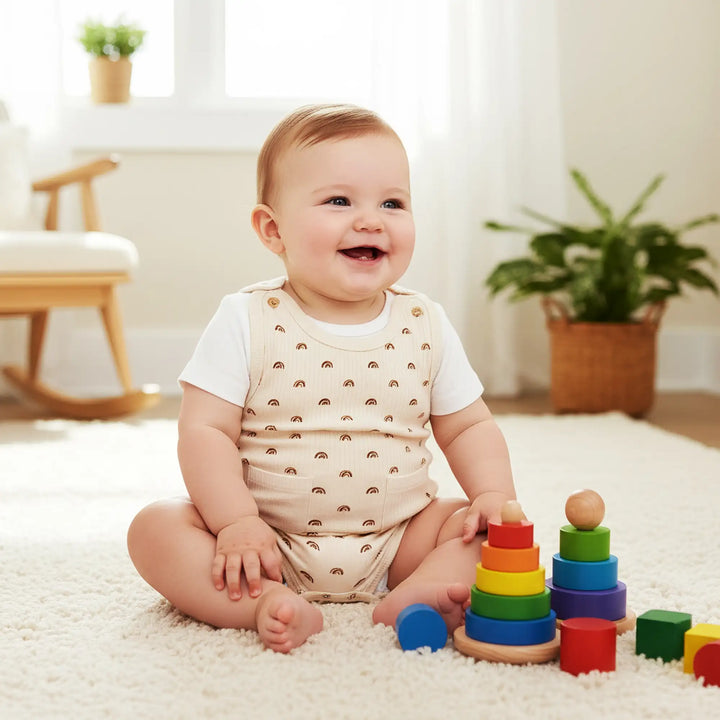 Babies Basic Ribbed Cotton Dungaree with Short Sleeves T-shirt