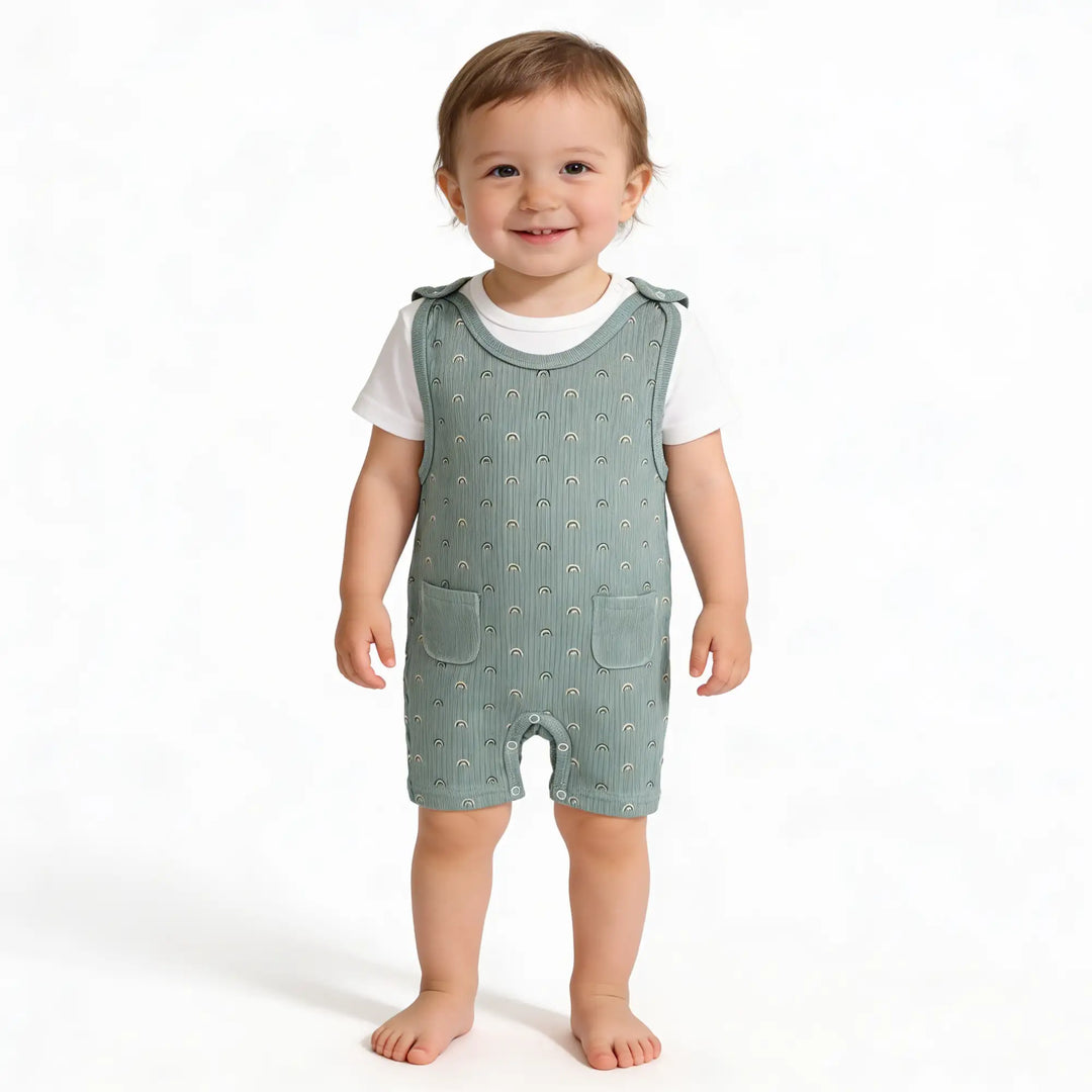 Babies Basic Ribbed Cotton Dungaree with Short Sleeves T-shirt