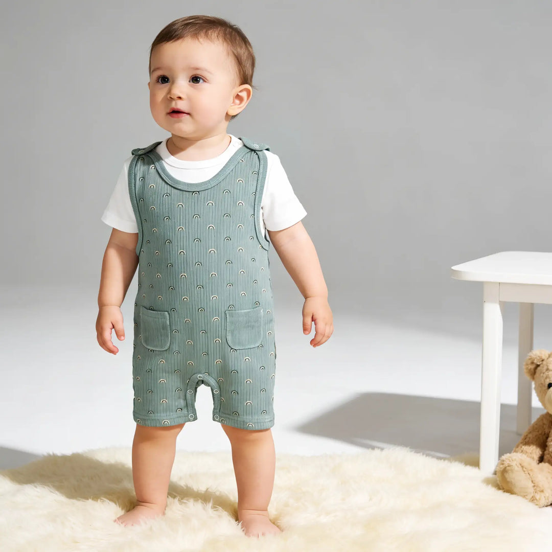Babies Basic Ribbed Cotton Dungaree with Short Sleeves T-shirt