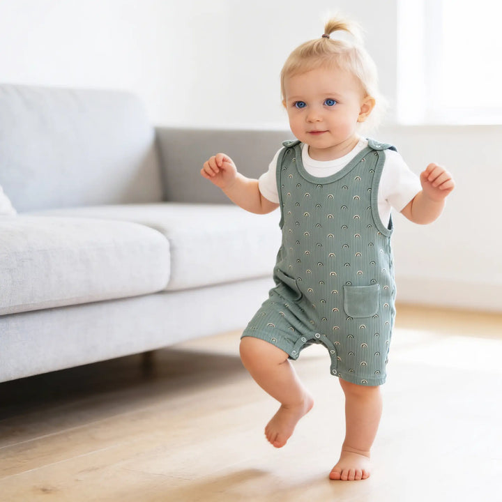 Babies Basic Ribbed Cotton Dungaree with Short Sleeves T-shirt