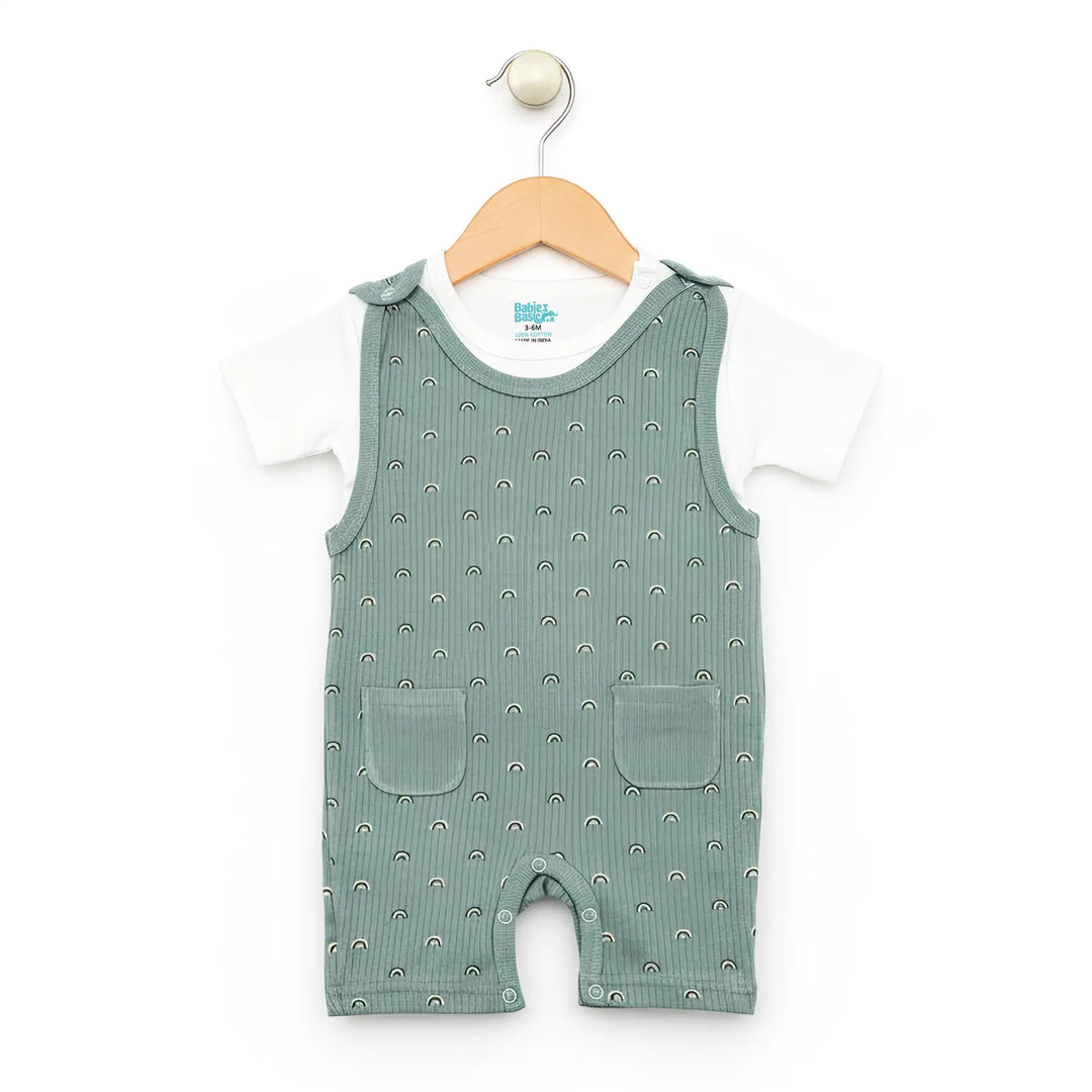 Babies Basic Ribbed Cotton Dungaree with Short Sleeves T-shirt