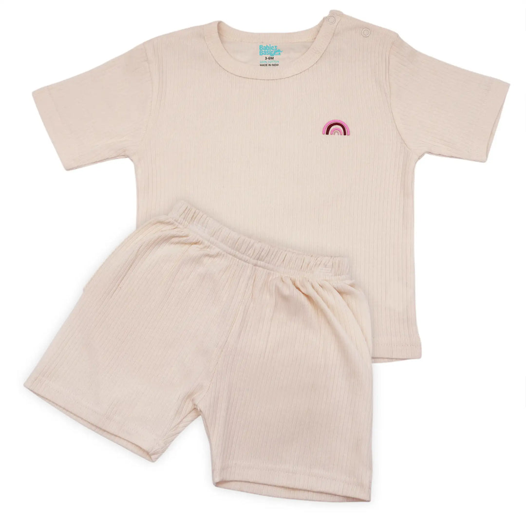 Babies Basic Ribbed Cotton Short Sleeves T-shirt and Plain Shorts Set