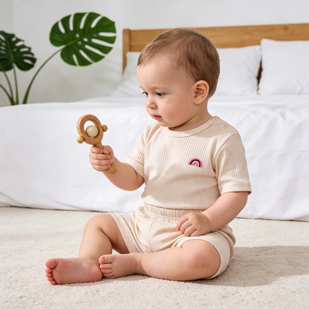 Babies Basic Ribbed Cotton Short Sleeves T-shirt and Plain Shorts Set