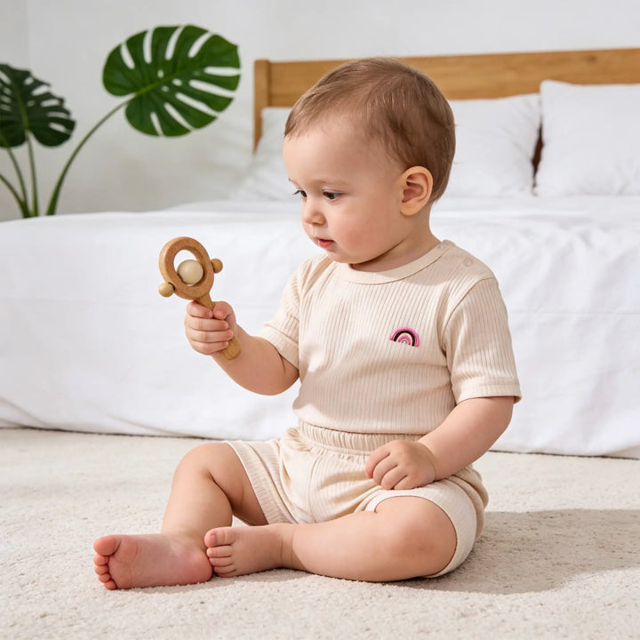 Babies Basic Ribbed Cotton Short Sleeves T-shirt and Plain Shorts Set
