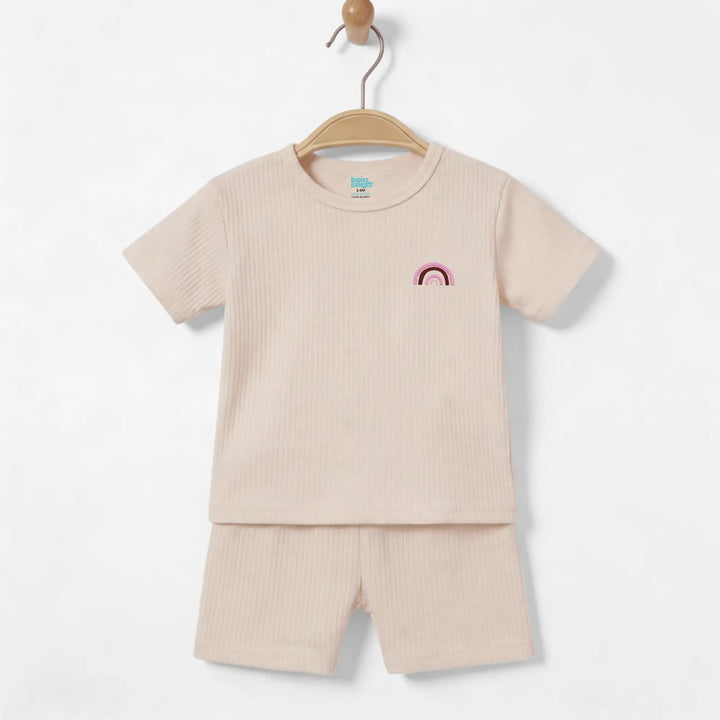 Babies Basic Ribbed Cotton Short Sleeves T-shirt and Plain Shorts Set