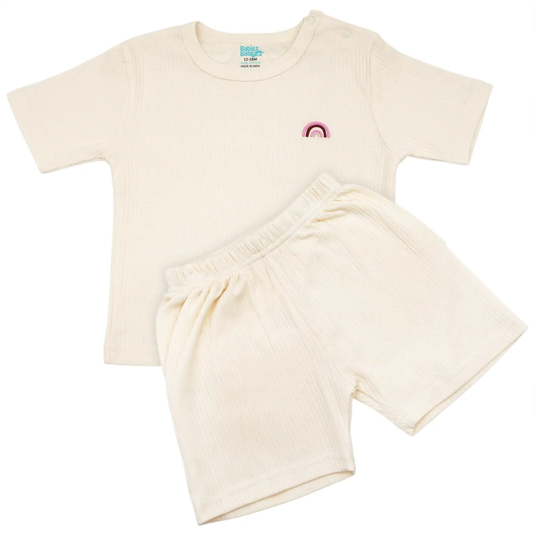 Babies Basic Ribbed Cotton Short Sleeves T-shirt and Plain Shorts Set