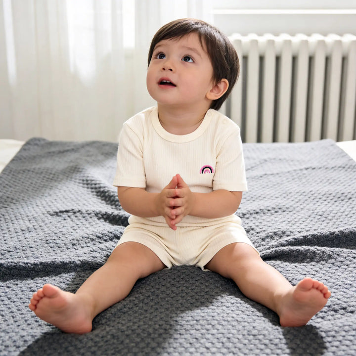 Babies Basic Ribbed Cotton Short Sleeves T-shirt and Plain Shorts Set