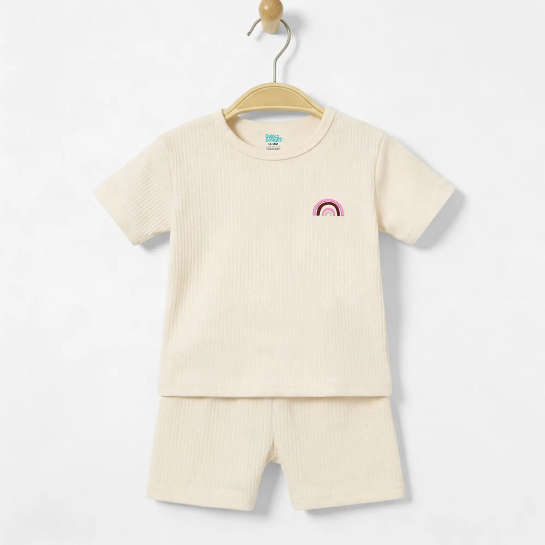 Babies Basic Ribbed Cotton Short Sleeves T-shirt and Plain Shorts Set