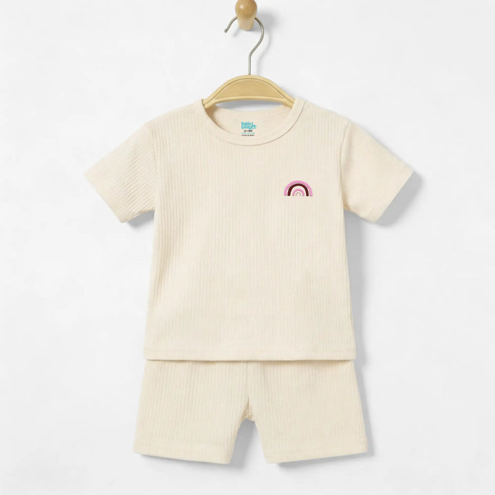Babies Basic Ribbed Cotton Short Sleeves T-shirt and Plain Shorts Set
