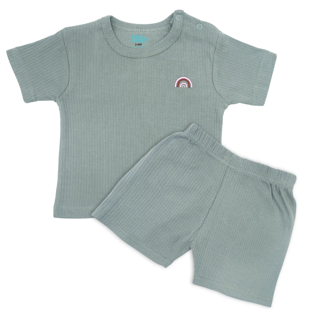 Babies Basic Ribbed Cotton Short Sleeves T-shirt and Plain Shorts Set