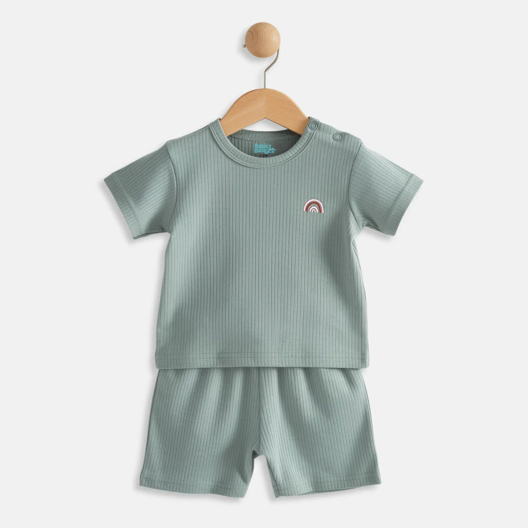 Babies Basic Ribbed Cotton Short Sleeves T-shirt and Plain Shorts Set