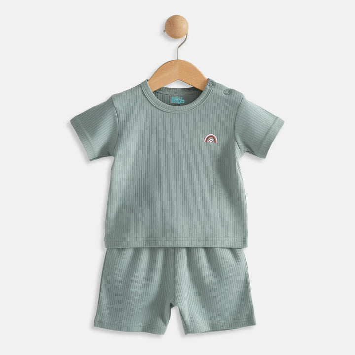 Babies Basic Ribbed Cotton Short Sleeves T-shirt and Plain Shorts Set